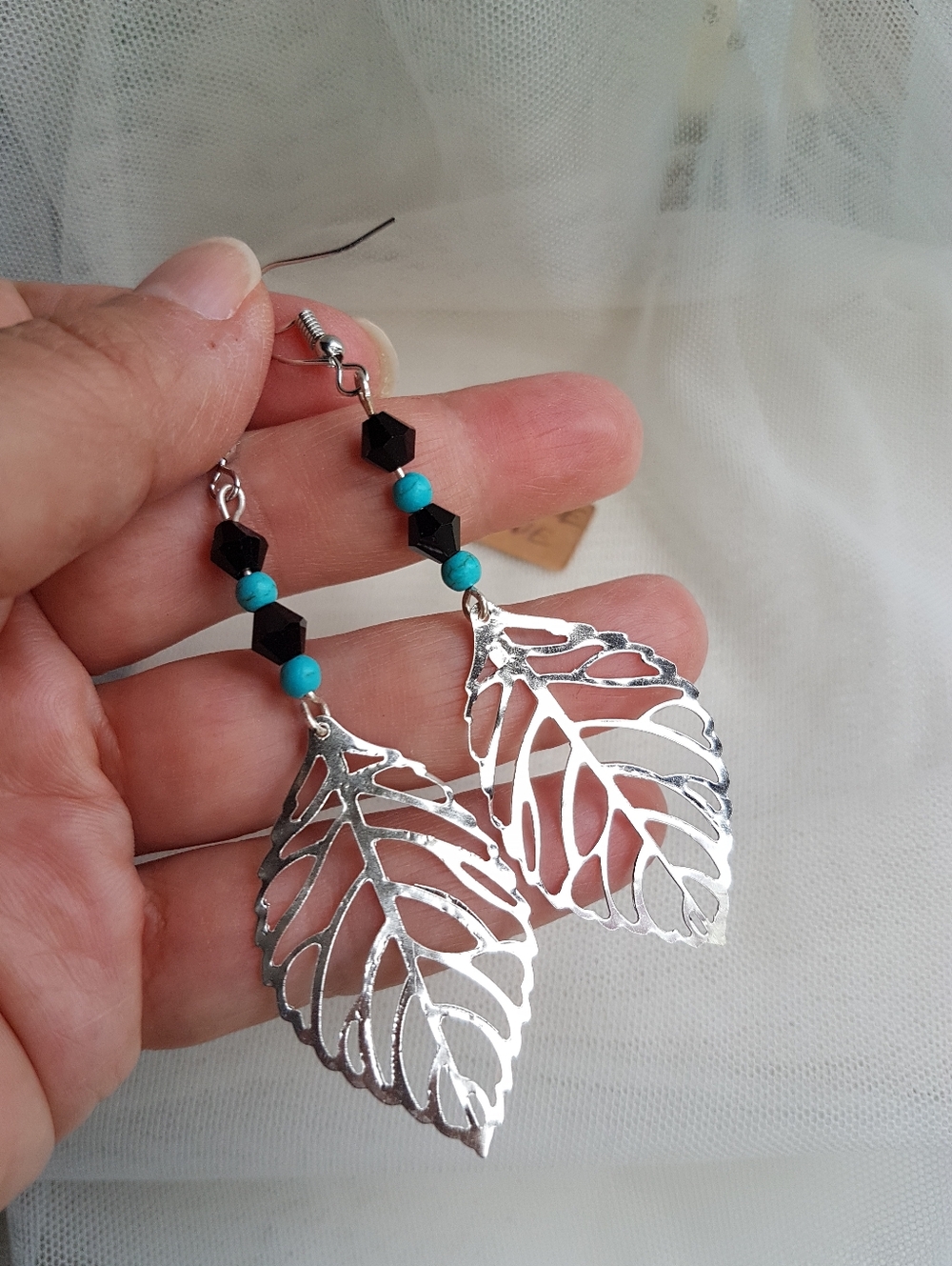 Swarovski Elements Black Crystals & Genuine Turquoise Silver Leaf Earrings NEW - Picture 4 of 5